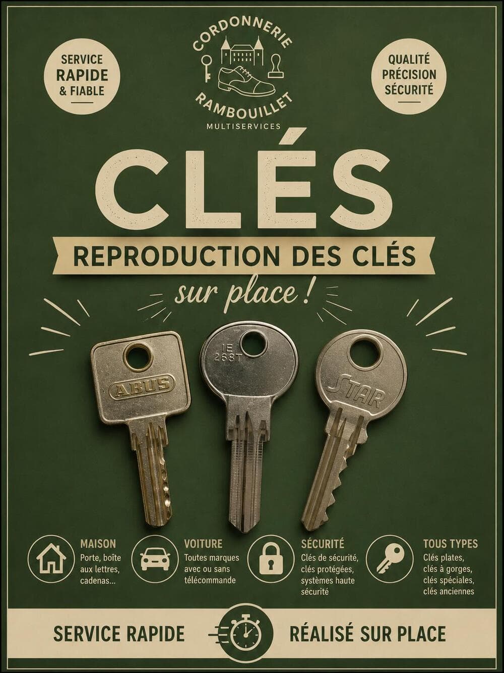 Affiche Cordonnerie Rambouillet : reproduction de clés sur place — maison, voiture, sécurité, tous types