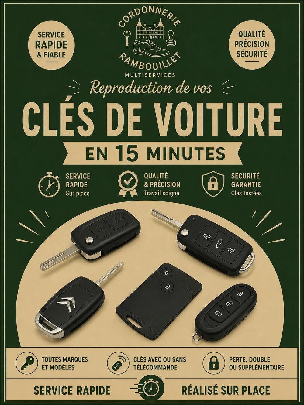Affiche Cordonnerie Rambouillet : reproduction de clés de voiture sur place, toutes marques, perte ou double