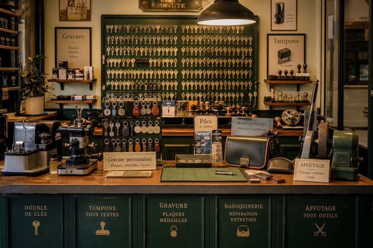 Comptoir de l'atelier avec tampons, clés et articles prêts à personnaliser