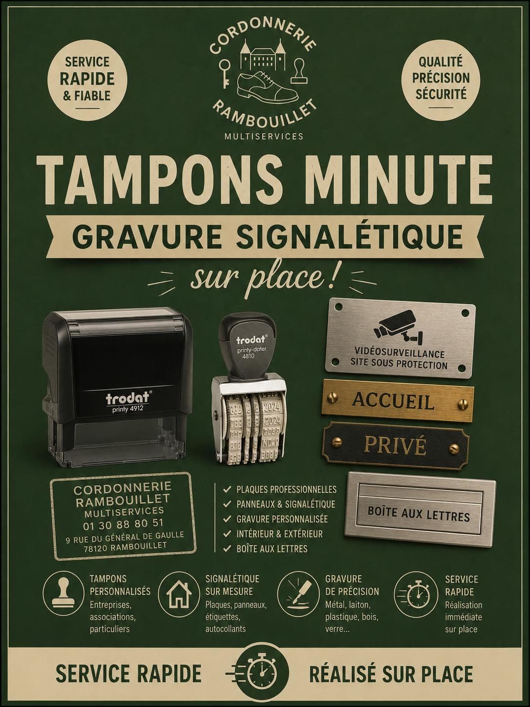 Affiche Cordonnerie Rambouillet : plaques de boîte aux lettres, badges, télécommandes et piles sur place