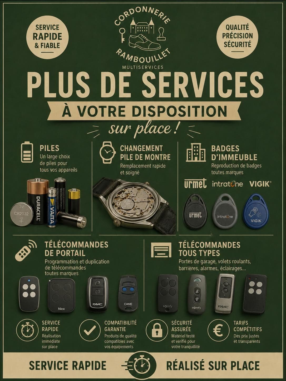 Affiche Cordonnerie Rambouillet : télécommandes de portail et de garage, badges et piles sur place